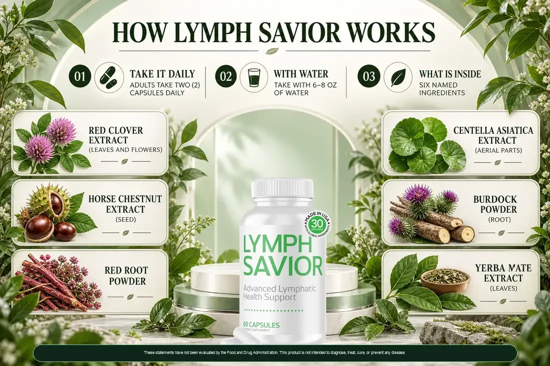 The How Lymph Savior Works listing card, showing the bottle with a three-step explanation and the six named ingredients