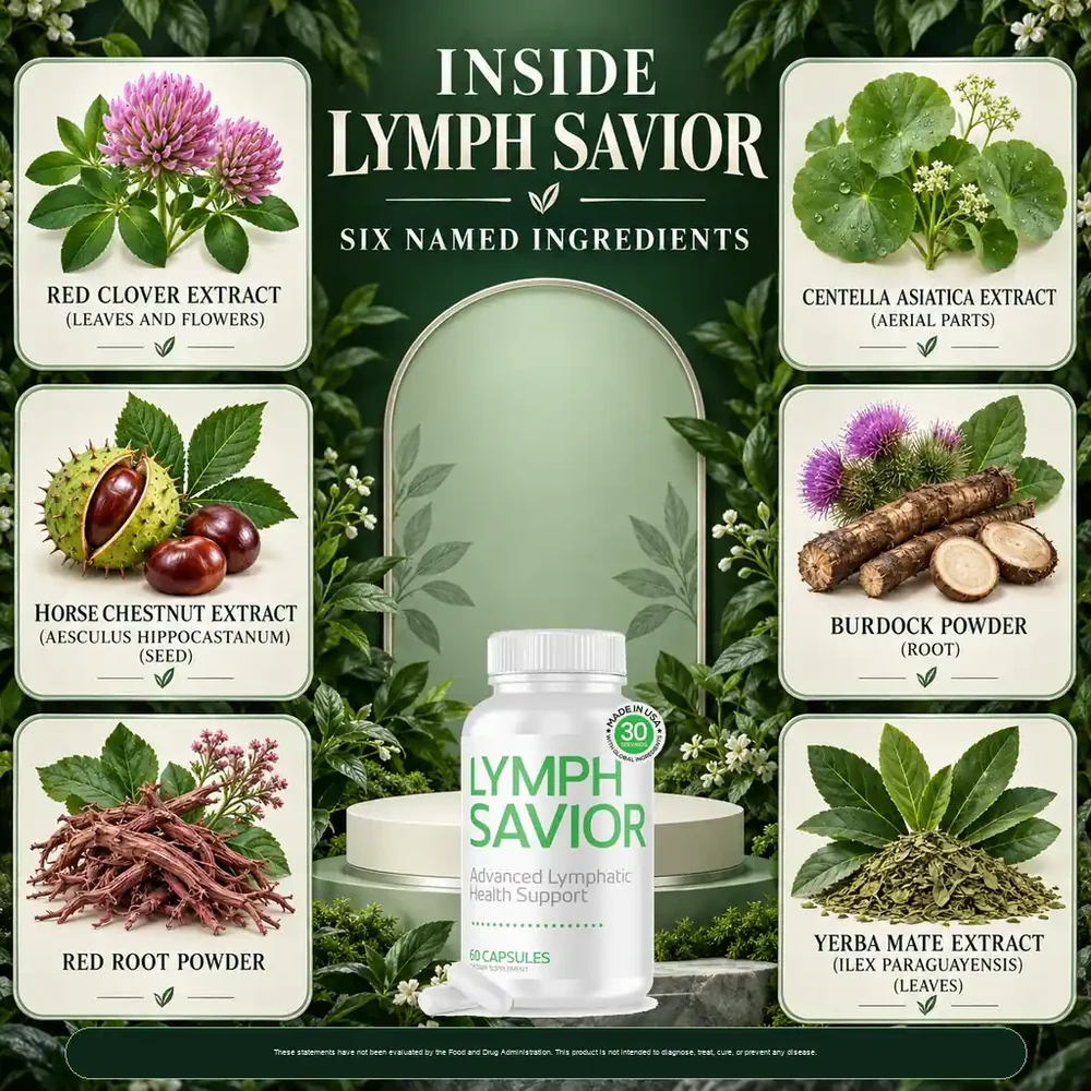 The “Inside Lymph Savior” card: six named ingredients around the bottle