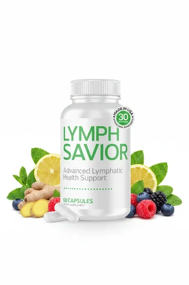 The Lymph Savior bottle photographed in a ring of sliced lemon, fresh ginger, mint, raspberries, blueberries and blackberries