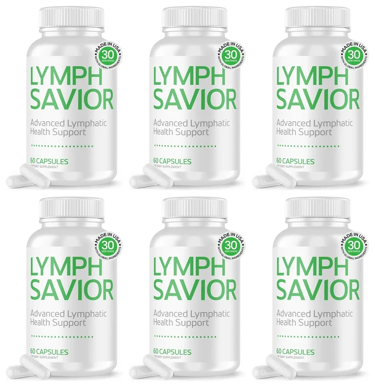 Lymph Savior six-bottle pack, 6 white bottles of 60 capsules